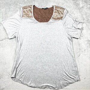 Fashionista Plus Size 2X Gray Sequin Shoulder Top Women’s Short Sleeve Rayon